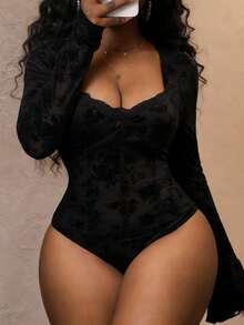 Veslaya 新款性感透视网纱植绒V领大码连体衣，女士街头风，适合复活节、西部牛仔、节日、新年、情人节等场合。 - 黑色 - 查看 4