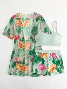SHEIN Swim Bộ bikini gồm áo hai dây màu trơn và quần short in hoa, kèm áo khoác tay ngắn. - Nhiều màu - Xem 3