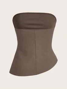 SHEIN Essnce 女士优雅纯色不对称下摆抹胸上衣，夏季 - 摩卡棕 - 查看 2