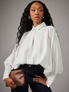 NYA SZN Top Long Sleeve Button Up Collar Bubble Hem White Cold Weather Valentine's Day Easter Spring Summer Beach Vacation Travel Office Business Outfits For Women - White - View 1