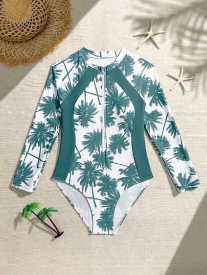 SHEIN 1pc Tween Girls Random Print One-Piece Swimsuit. New Summer Girls' Swimwear. Black Solid Color Patchwork Vacation Style With Black, White, And Palm Tree Pattern Fabric, Curve-Hugging Design To Highlight The Figure, Unique Style. Black And White Minimalist Urban Style, Suitable For Girls' Vacation, Beach, Swimming, Water Park Wear. Long Sleeve With Zipper Design, Easy To Put On And Take Off, Better Skin Protection. Suitable For Surfing