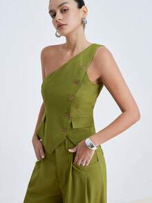 Aveloria Modichic 两件套女士通勤约会绿色前扣肩上衣和裤子套装 - 橄欖綠 - 查看 5