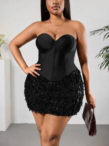 SHEIN PETITE CURVE 大码女式纯色仿毛皮拼接紧身性感时尚连衣裙 - 黑色 - 查看 3