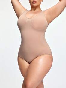 SHAPORA 女士无缝V领塑身连体衣，纤体塑形，收腹提臀，紧身包臀连体衣，可作外衣穿着 - 杏色 - 查看 3