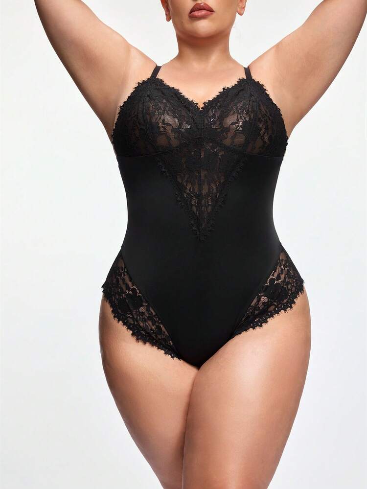 SHAPORA 1件大码蕾丝拼接塑身衣，性感束腰瘦身连体衣，适合日常穿着、度假和派对。 - 黑色 - 查看 3