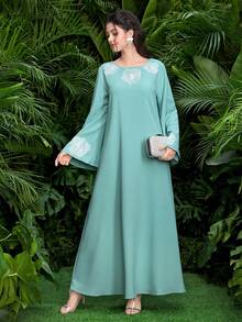 SHEIN Najma 女士休闲优雅宽松花卉水钻装饰睡袍 - 藍色 - 查看 2