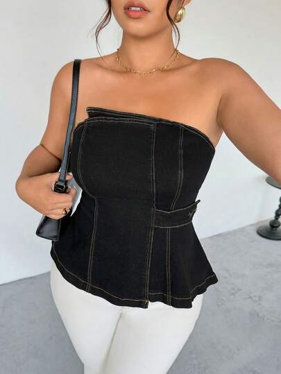 Firerie Áo ống denim dáng rộng, thắt eo, cỡ lớn, mùa hè, kiểu dáng thường ngày.