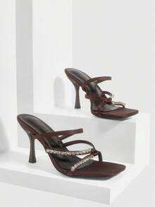 CUCCOO SZL 女士水钻设计时尚优雅百搭高跟凉拖鞋 - 棕色 - 查看 4