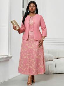 SHEIN Lady 2件套加大码女式商务抽象波浪印花简约圆领系带度假中长连衣裙套装外出穿搭两件套 - 粉色 - 查看 6