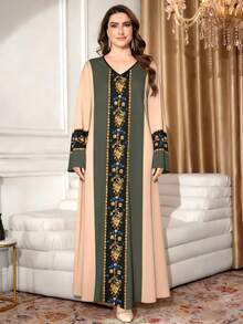 SHEIN Najma Đầm maxi dài tay cổ chữ V in họa tiết hình học giả kim cương dành cho nữ cỡ lớn, kiểu dáng thanh lịch, phong cách Ả Rập, thích hợp cho mùa xuân/hè. - Nhiều màu - Xem 5