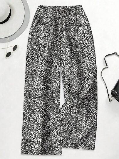 EMERY ROSE Nya vintage moderiktiga tunna leopardmönster svarta grå vita vida byxor, dragsko med resår i midjan och smala raka byxor, avslappnade raka byxor, plus size-byxor