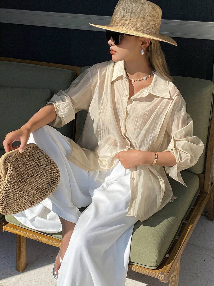 Women's Loose Fit Solid Color Turndown Collar Long Sleeve Sun Protection Casual Blouse, Spring/Autumn