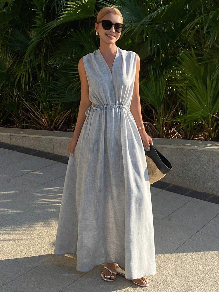 Solid Color Loose Cinched Waist Halter Sleeveless Dress, Casual Resort Wear For Women, Spring/Summer Sundress