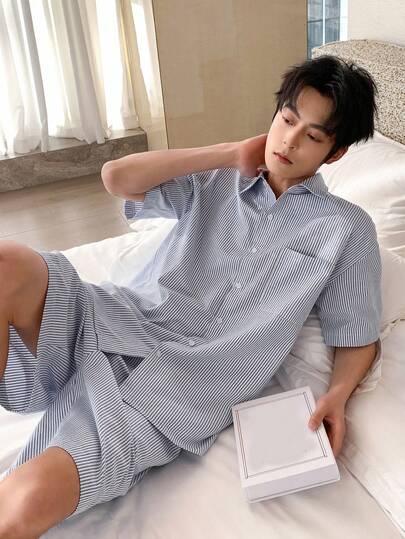 DAZY Men's Striped Short Sleeve Top And Shorts Pajama Set, Summer