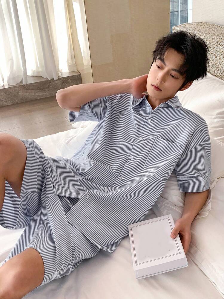 Men's Striped Short Sleeve Top And Shorts Pajama Set, Summer