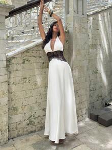 Opulessa 女士纯色蕾丝拼接吊带连衣裙 - 白色 - 查看 5