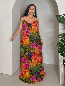 Slaydiva Plus Size Women Tropical Floral Print Spaghetti Strap A-Line Dress, Suitable For Vacation - Multicolor - View 4