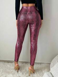 SHEIN SXY 女士鳄鱼纹高腰休闲百搭日常打底裤 - 粉色 - 查看 2
