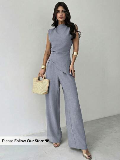 Firerie 卡其色简约优雅休闲通勤办公套装：无袖不对称褶皱腰身女士衬衫 + 常规褶皱阔腿女士长裤，亚麻通勤套装，女士沙滩装，机场装，度假装，教师装