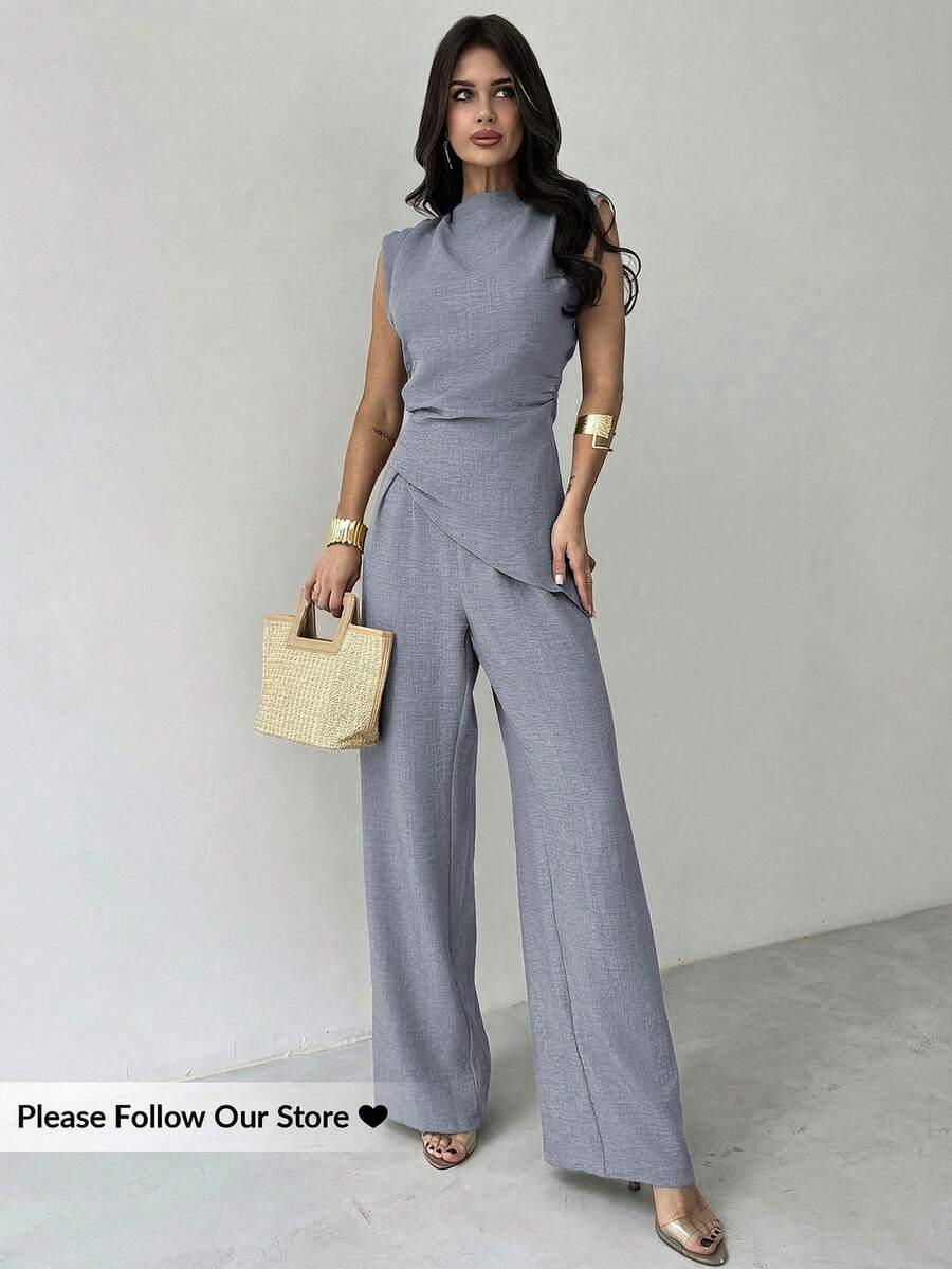 Firerie 卡其色简约优雅休闲通勤办公套装：无袖不对称褶皱腰身女士衬衫 + 常规褶皱阔腿女士长裤，亚麻通勤套装，女士沙滩装，机场装，度假装，教师装 - 淺灰色 - 查看 1