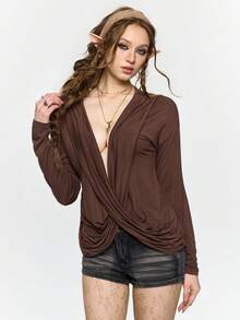 ROMWE Hippie Sexy Deep Draped Neck Ruched Long Sleeve Women T-Shirt - Coffee Brown - View 5