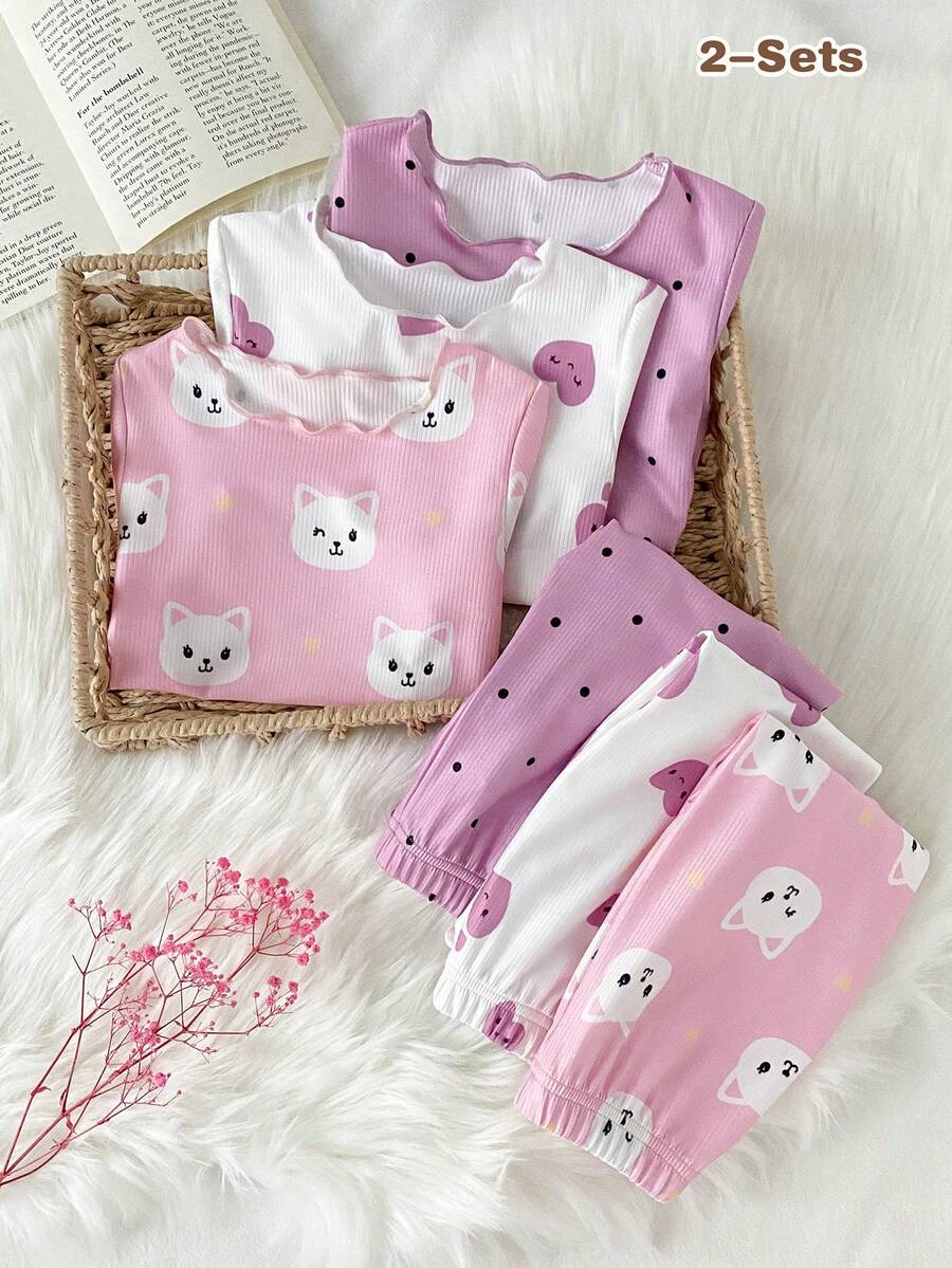 6件套女婴可爱小猫、爱心和波点印花荷叶边短袖上衣和裤子睡衣套装 - 彩色 - 查看 1