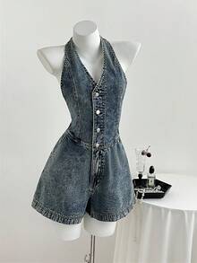 Elamini 女士露背系带牛仔连体裤，时尚百搭，适合约会和外出穿着 - 中等水洗藍 - 查看 2