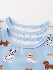 SHEIN GraphicGems Bộ đồ ngủ 4 món ôm sát cho bé trai, áo tay ngắn in hình chó hoạt hình dễ thương và quần dài, áo tay ngắn in họa tiết kẻ caro và quần short, bộ đồ ngủ. - Nhiều màu - Xem 3