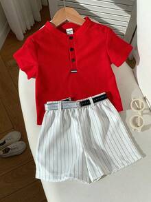 SHEIN Conjunto de 2 piezas de camisa polo de cuello rojo y pantalones cortos a rayas blancas de verano casual para bebé niño, adecuado para fiesta de cumpleaños, rave, fiesta de noche, actuación, boda, baby shower y celebración del 1er cumpleaños - Multicolor - Ver 7