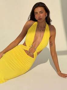 Aloruh Đầm trơn màu thanh lịch với chi tiết vòng tròn, thích hợp mặc thường ngày và dự tiệc. - Màu vàng - Xem 7