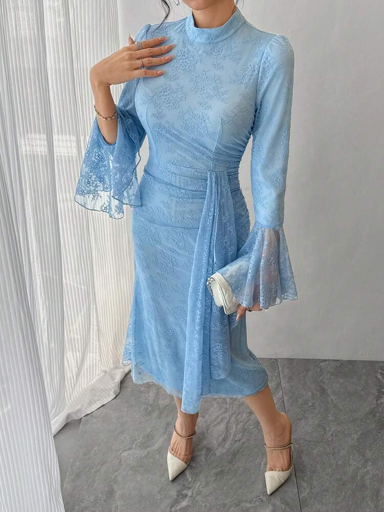 Women's Elegant Floral Print Stand Collar Puff Sleeve Midi Dress, Spring/Summer Wedding Guest Dress Sundress
