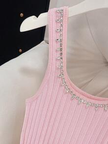 GlowEve 法式浪漫方领钻石装饰收腰A字粉色针织连衣裙，女士春夏款 - 粉色 - 查看 6