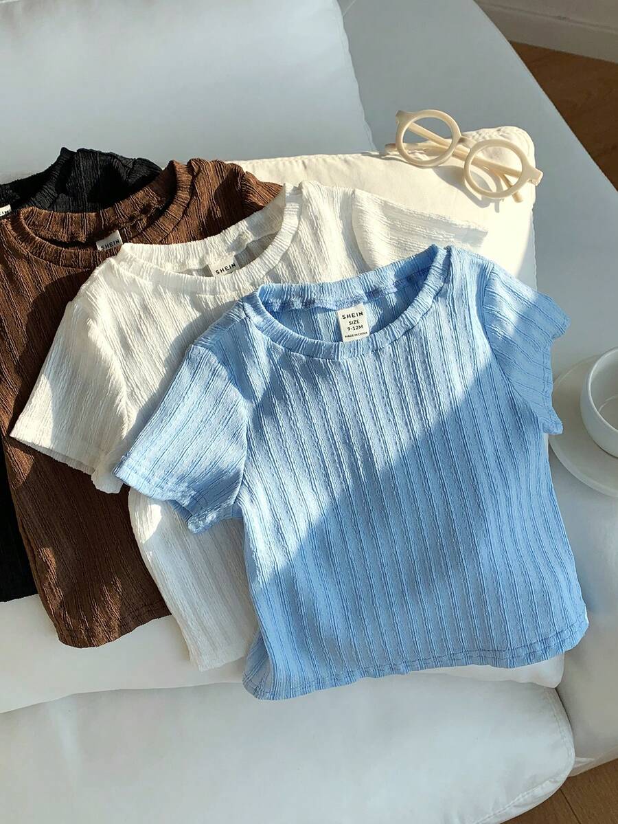 SHEIN 4件套男女宝宝休闲纯色短袖针织T恤套装，春夏宝宝服装 - 彩色 - 查看 1