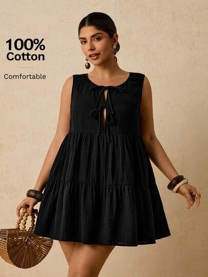 Travachic Plus Size Casual Versatile Black Cotton Tie Front Bow Sleeveless Mini Dress