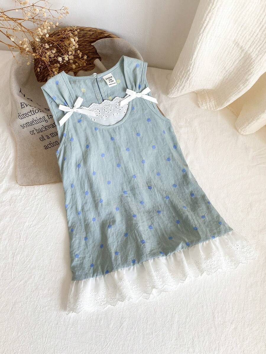 女婴休闲拼接格子波点提花蝴蝶结装饰荷叶边下摆可爱清新连衣裙 - 綠色 - 查看 1