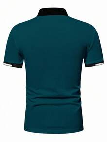 Manfinity Mode Men's Contrast Trim Casual Versatile Cotton Short Sleeve Polo Shirt Golf Shirt, Formal Holiday, Ceremony - Teal Blue - View 2