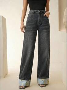 Anewsta New Fashion Printed Black Straight Leg Jeans For Women - Black - View 2