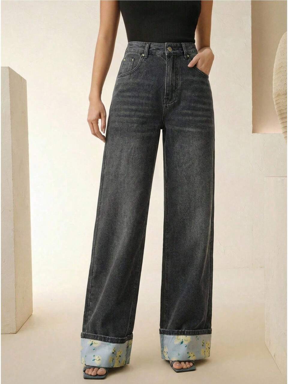 Anewsta New Fashion Printed Black Straight Leg Jeans For Women