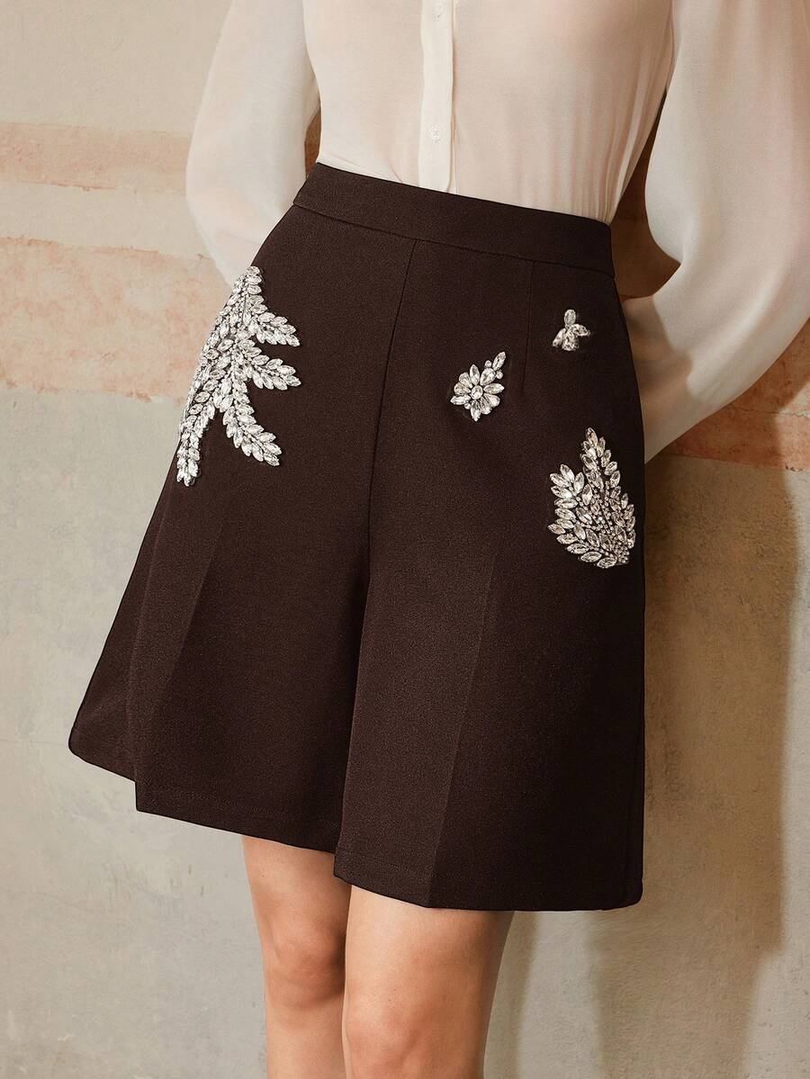 Anewsta Women's Elegant Modern Bermuda Rhinestone Embellished Shorts, Suitable For Spring, Summer, Festivals, Graduation - Mocha Brown - View 1
