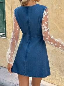 SHEIN Frenchy Women's Elegant Blue And White Flower Denim Mini Dress,Floral Embroidery Mesh Puff Sleeves Plunge Neck A Line,Autumn Vacation Y2k Streetwear Party - Blue - View 2