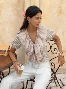 Serisse 女士格子拼接荷叶边下摆前系带可爱泡泡袖衬衫 - 彩色 - 查看 1