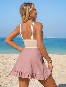 Swim Lushoire 两件套女士纯色撞色肩带荷叶边泳衣，时尚成熟，夏季 - 彩色 - 查看 2