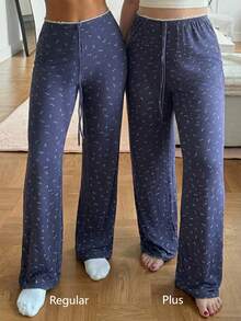 Dazy Plus Ditsy Floral Drawstring Waist Fitted Straight Leg Pajama Bottoms - Navy Blue - View 4