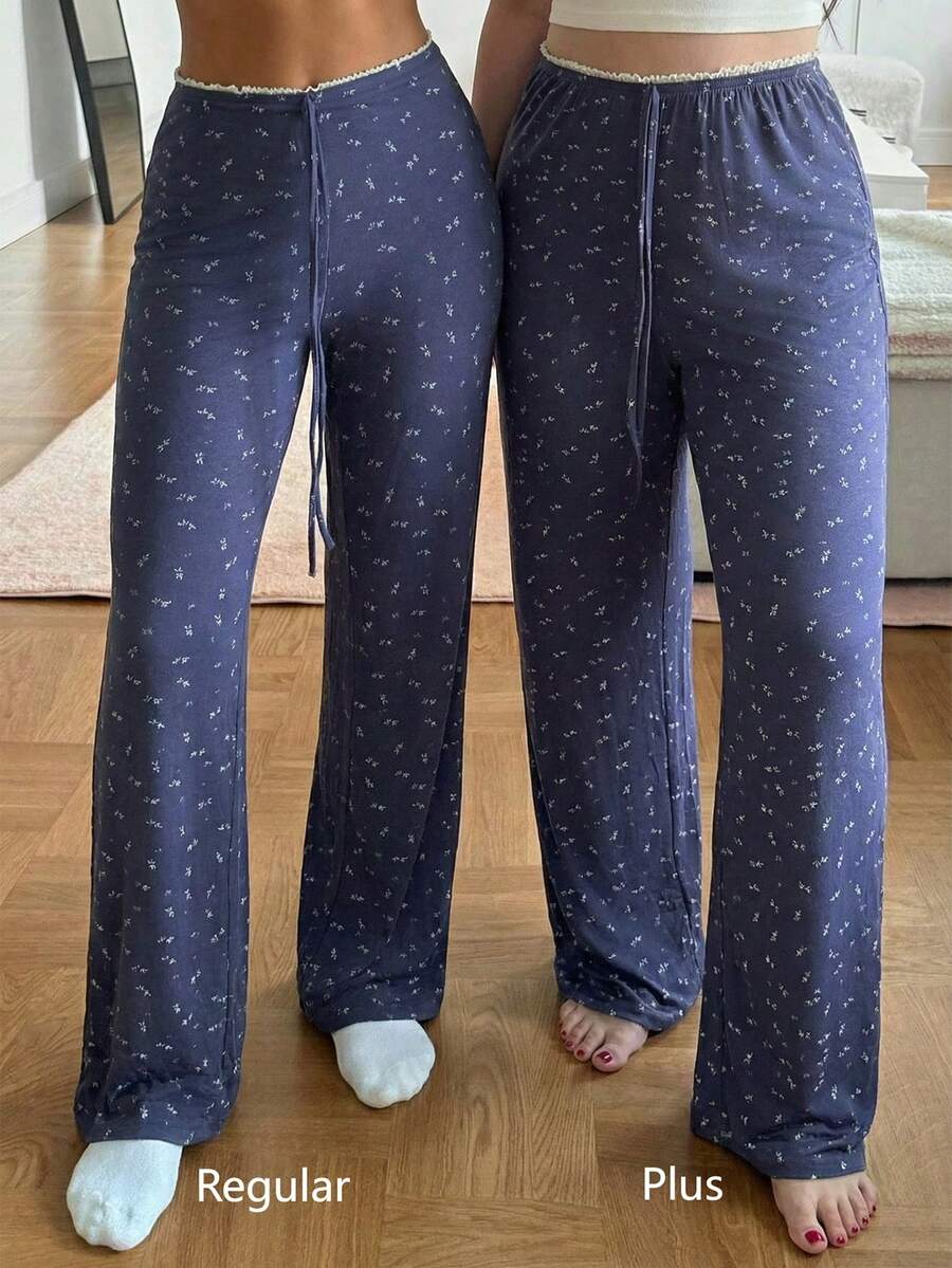 Dazy Plus Ditsy Floral Drawstring Waist Fitted Straight Leg Pajama Bottoms - Navy Blue - View 1