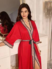 SHEIN Contrast Color Print Patchwork Collar 3/4 Sleeve Sexy Long Women Robe - Red - View 5