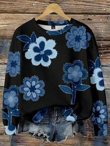 EMERY ROSE Plus Size Women Floral Print Denim-Look Crew Neck Long Sleeve Casual Loose Sweatshirt - Multicolor - View 4