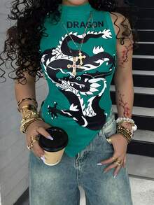 Rovax Women's Mandarin Collar Letter & Dragon Pattern Asymmetric Hem Casual Versatile Sleeveless Top - Multicolor - View 4