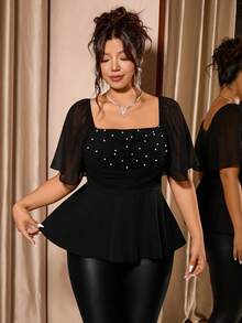 Cravure 加大码女式方领仿珍珠装饰优雅荷叶边袖上衣黑色俱乐部风上衣 - 黑色 - 查看 6