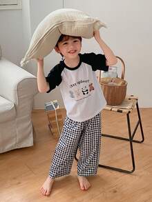 DAZY Young Boy Cartoon Print Round Neck Short Sleeve Top And Plaid Print Pants Pajama Set - White - View 2