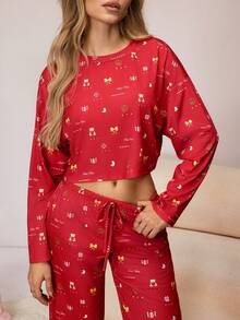 SHEIN Women's All-Over Print Long Sleeve Top And Pants Pajama Set - Red - View 5